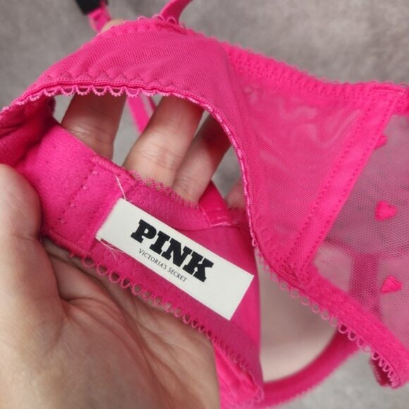 Victoria's Secret PINK Wink Push Up Balconette Bra 36D Pink Hearts Underwire - Picture 5 of 10